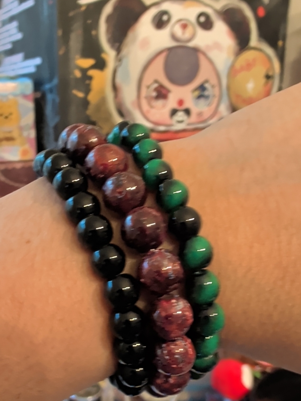 3 Beaded Stretch Bracelet Trio in Black, Burgundy & Green